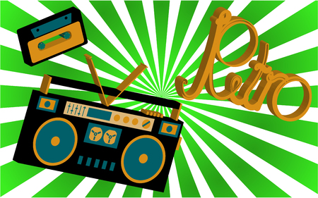 Old vintage retro hippies is a stylish isometric music audio recorder for listening to audio cassettes from the 70's, 80's, 90's against the background of solar abstract rays. Vector illustration.のイラスト素材