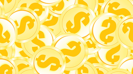 Texture seamless pattern of metal iron gold orange yellow coins money round abstract dollars. The background. Vector illustration.のイラスト素材