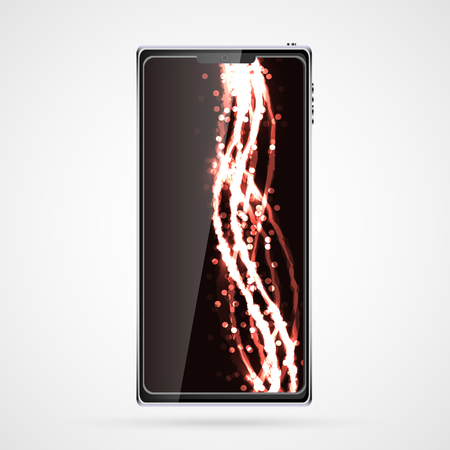 Black smart mobile phone smartphone with touch screen, modern realistic mobile device with abstract magic energy screensaver, wallpaper, background. Vector illustration.のイラスト素材