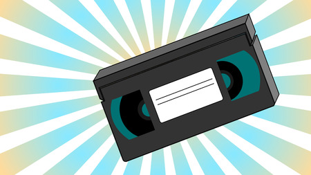 Old retro vintage analogue hipster with film video tape for a video recorder with a magnetic film for watching movies on an abstract background of rays.のイラスト素材
