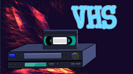 Old retro wines antique analog hipster video recorder with magnetic video tape for watching movies and the inscription on the abstract energy background.のイラスト素材