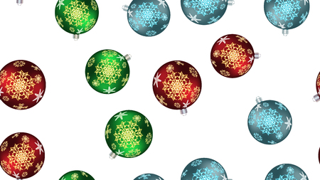 Festive beautiful Christmas winter texture, gift wrapping a seamless pattern for the New Year from multicolored round balls, Christmas tree decorations with a pattern of snowflakes. Vector background.のイラスト素材