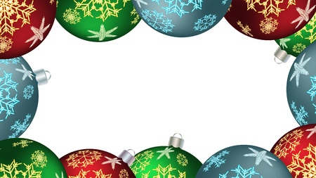 Festive beautiful Christmas winter frame for the New Year of multicolored round balls, Christmas tree decorations with a pattern of snowflakes isolated on white. Vector background.のイラスト素材
