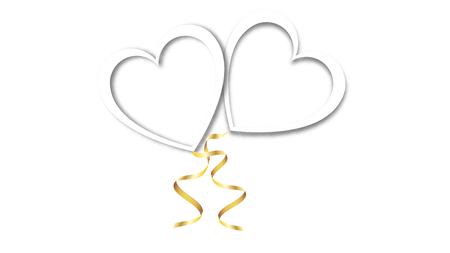 Beautiful abstract texture of white balloons in the shape of hearts with shadows and a golden ribbon for Happy Valentine's Day on a white background. Vector illustration. Concept: love.のイラスト素材