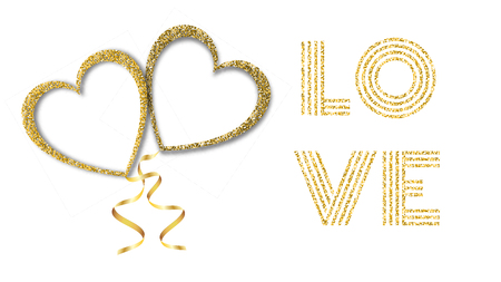 Beautiful abstract texture of golden glittering love hearts balloons and golden ribbons for Happy Saint Valentine's Day on white background and copy space for an inscription. Vector illustration.のイラスト素材