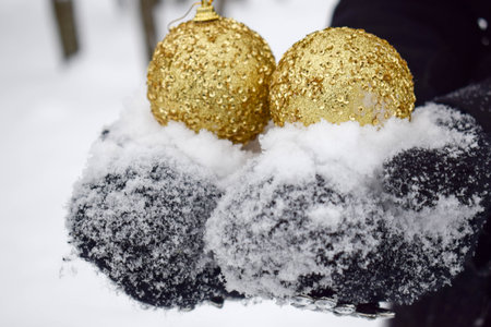 Beautiful festive elegant yellow, golden round balls, Christmas decorations for the new year,...