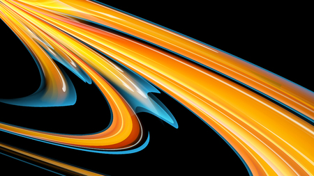 Beautiful bright motley yellow orange abstract energetic magical cosmic fiery neon texture of lines and stripes, waves, flames with twists and turns on a black background and copy space. Vector.のイラスト素材