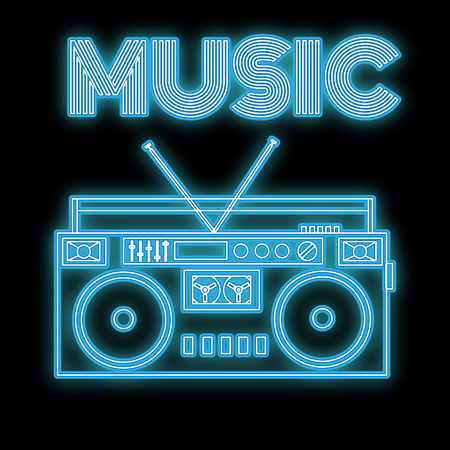 A beautiful blue bright glowing abstract neon icon, a signboard of an old retro vintage audio cassette recorder from the 80s, 90s and copy space with the words Music on a black background. Vector.のイラスト素材