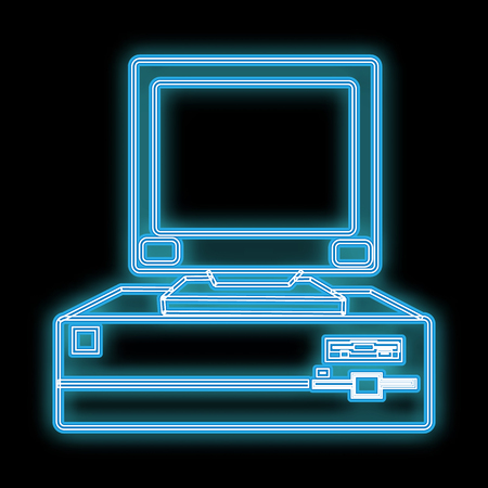A beautiful blue bright glowing abstract neon sign from an old retro vintage songpad computer from the 80s, 90s and copy space on a black background. Vector.のイラスト素材