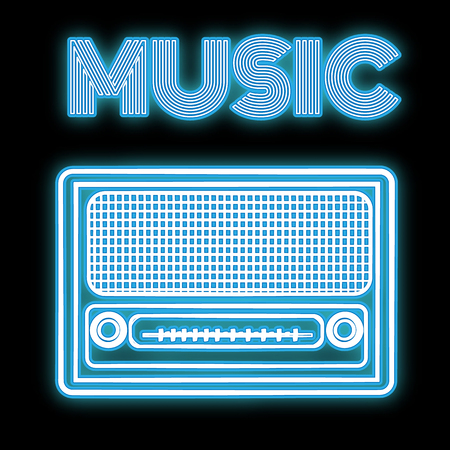 A beautiful blue bright glowing abstract neon icon, a signboard of an old retro vintage radio from the 60s, 70s, 80s, 90s and copy space with music inscription on black background. Vector.のイラスト素材