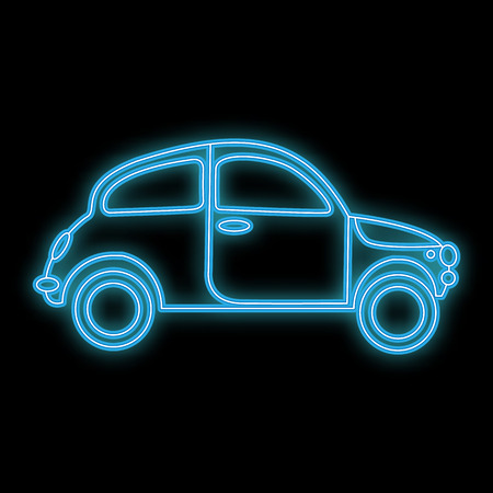 Beautiful abstract neon bright glowing icon, a signboard from an old retro hatchback car from the 70s, 80s, 90s and copy space on a black background. Vector.のイラスト素材