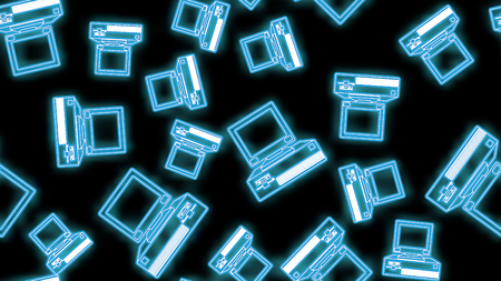 Beautiful abstract neon seamless pattern of bright luminous icons of old vintage retro hipster computer desktops with flops from the 70s, 80s, 90s and copy space on a black background. Vector.のイラスト素材