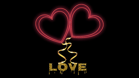 Beautiful abstract neon bright red glowing sign, icon of festive hearts and golden inscription love for Valentine's Day and copy space on a black background. Vector.のイラスト素材