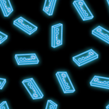 Seamless pattern, texture of beautiful abstract neon bright blue glowing old retro vintage hipster joysticks for video games from the 80s, 90s and copy space on a black background. Vector.のイラスト素材