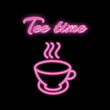 A simple abstract neon bright glowing glowing pink, purple icon, a signboard of hot delicious tea mugs and the inscription tea time and copy space on a white background. Vector illustration.のイラスト素材