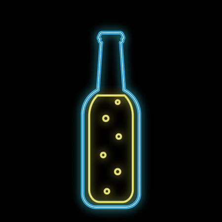 A simple abstract neon bright glowing glowing blue icon, a signboard for a bar from a half-liter beer bottle with craft beer with bubbles and copy space on a black background. Vector illustration.のイラスト素材