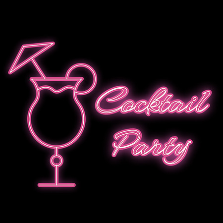 A simple abstract neon bright glowing flashing pink purple icon, a sign for the bar from a cocktail in a glass and the inscription cocktail party and copy space on a black background. Vector.のイラスト素材