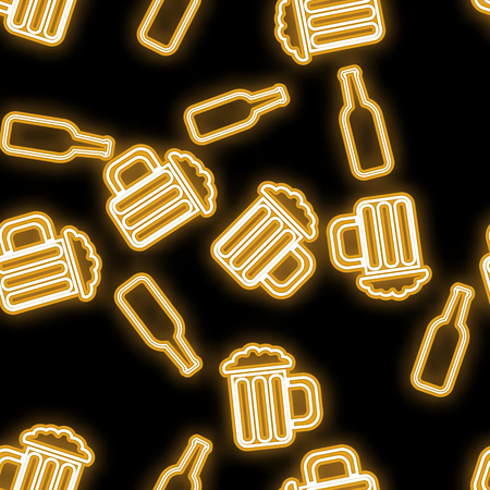 Seamless pattern, texture abstract neon bright glowing glowing yellow from icons for bar from bottles and glasses of craft beer and copy space on black background. Vector illustration.のイラスト素材