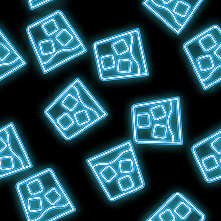 Seamless pattern, texture abstract neon bright glowing glowing blue from the bar icons from glasses of whiskey with ice and copy space on a black background. Vector illustration.のイラスト素材