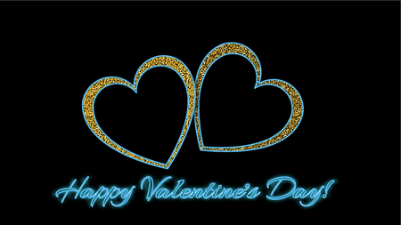 Two beautiful golden shiny beautiful hearts with love inscription Valentine's Day and neon effect on a black background. Vector illustration.のイラスト素材