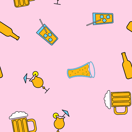 Seamless pattern of simple abstract alcoholic cocktails in glass goblets and delicious foamy craft beer in glasses and bottles, bar icons on a pink background. Vector illustration.のイラスト素材