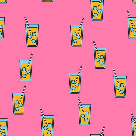 Seamless pattern of simple abstract alcoholic cocktails with ice juice and straw in glass cups, bar...