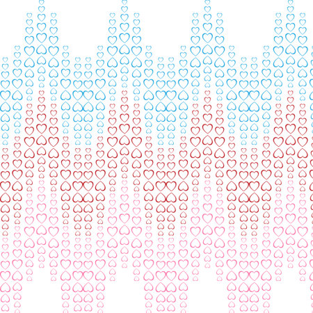 Texture pattern of blue, red, pink holiday hearts arranged in a wave, zigzag to Valentine's Day,...