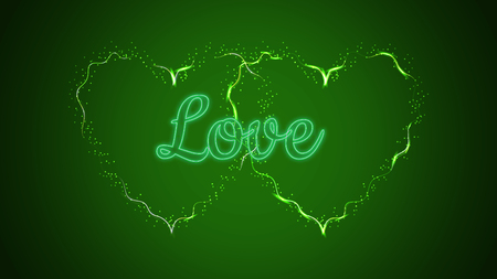 Two beautiful green abstract magical energy electric fiery shiny glowing festive hearts with sparks on a green background and the inscription love. Vector illustration.のイラスト素材