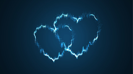 Two beautiful blue sharp swan abstract magical energy electric fiery shiny glowing festive hearts with sparks on a blue background. Vector illustration.のイラスト素材