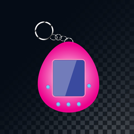 An old retro vintage electronic portable children's toy, Tamagotchi from the 70s, 80s, 90s on a translucent, dark, checkered gray background of squares. Vector illustration.のイラスト素材