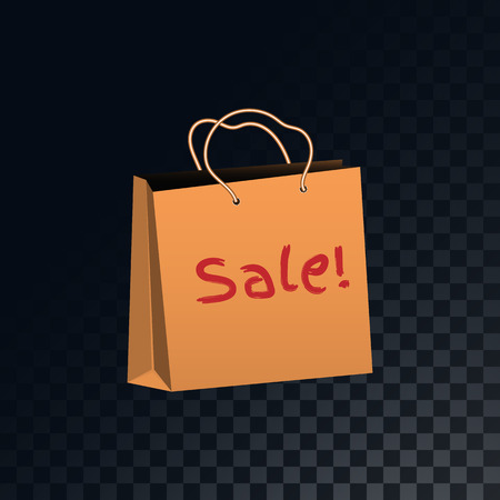 Paper brown cardboard shopping bag with the inscription sale on a translucent dark checkered gray background of squares. Vector illustration.のイラスト素材