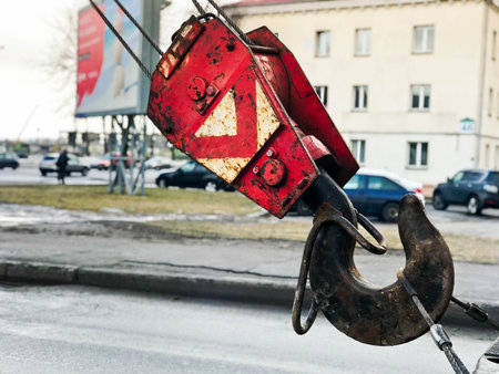 Large black and red metal iron hook for construction crane.