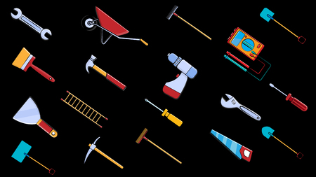 A large set of icons for construction, plumbing, garden, repair, tools: shovel, wrenches multimeter, saw, hammer, brush, mop, rake, trolley, spatula, screwdriver, pickaxe, ladder. Vector illustration.のイラスト素材