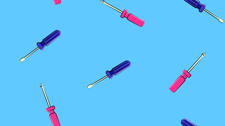 Texture, seamless abstract pattern of metal construction blue and pink plastic screwdrivers for repair, tool on blue background. Vector illustration.のイラスト素材