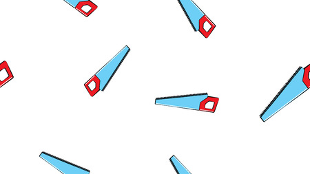 Texture, seamless abstract pattern of building sharp metallic blue and red hand saws with teeth for repair, cutting tool on white background. Vector illustration.のイラスト素材