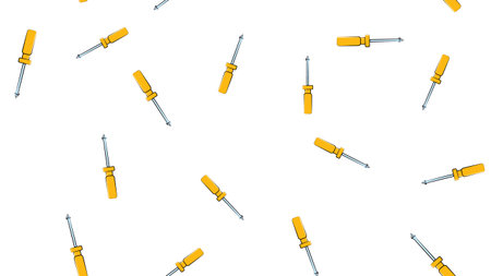 Texture, seamless abstract pattern of metal construction plastic yellow screwdrivers for repair, tool on white background. Vector illustration.のイラスト素材