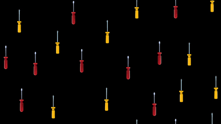 Texture, seamless abstract pattern of metal construction plastic yellow and red screwdrivers for repair, tool on black background. Vector illustration.のイラスト素材