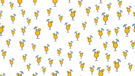 Texture seamless pattern of beautiful nice tasty refreshing alcoholic drinks cocktails with a straw slice of lemon and ice on a white background. Vector illustration.の写真素材