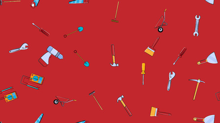 Texture, seamless pattern from a set of construction tools for repair: hammer, shovel, screwdriver, wrench, tester, brush, saw, trolley, trowel, ladder on a red background. Vector illustration.の写真素材