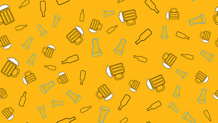 Texture seamless pattern from a set of rare good tasty refreshing alcoholic drinks of hops light and dark malt foam beer in glasses, bottles on a yellow background. Vector illustration.の写真素材