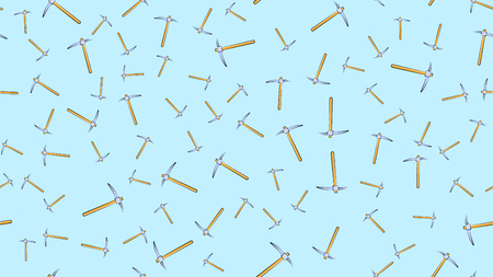 Texture, seamless abstract pattern of construction miner pickaxe with a wooden handle for repair, mining, excavation on a light blue background. Vector illustration.の写真素材