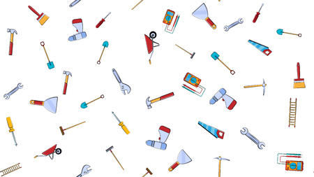 Texture, seamless pattern from a set of construction tools for repair: hammer, shovel, screwdriver, wrench, tester, brush, saw, trolley, trowel, ladder on a white background. Vector illustration.の写真素材