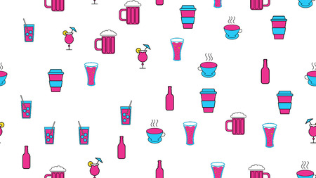 Texture seamless pattern from a set of raivy good tasty refreshing alcoholic drinks cocktails whiskey beer coffee tea with ice on a white background. Vector illustration.の写真素材
