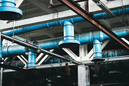 The ceiling in the workshop at the industrial chemical petrochemical machine-building refinery with...