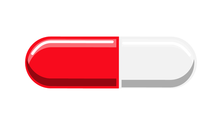 Beautiful medical red and white two-color tablet capsule with drugs for the treatment of diseases of the pharmaceutical on a white background. Vector illustration.のイラスト素材