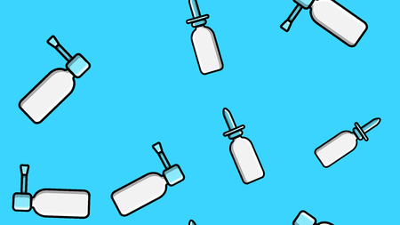 Seamless pattern endless texture of white medical medicinal pharmaceutical nasal drops for a nose on a blue background. Vector illustration.のイラスト素材