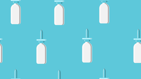 Seamless pattern endless texture of white medical medicinal medicine sprays for pharmaceptic nose nose and rhinitis of the throat on a blue background. Vector illustration.のイラスト素材