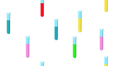 Seamless pattern texture of endless repeating long multi-colored medical chemical glass scientific test tubes of flasks cans on white background. Vector illustration.のイラスト素材