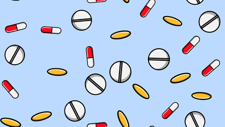 Seamless pattern texture of endless repetitive medicine tablets pills dragee capsules and medication plates with vitamins on a blue background flat lay. Vector illustration.のイラスト素材