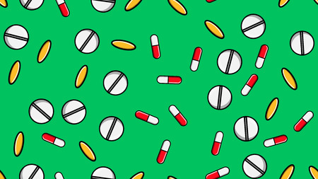 Seamless pattern texture of endless repetitive medicine tablets pills dragee capsules and medication plates with vitamins on a green background flat lay. Vector illustration.のイラスト素材